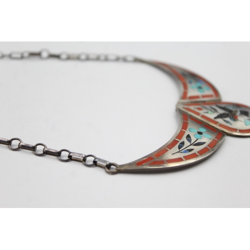 203 - A Silver Gemstone Inlay Collar Necklace By Dennis Nancy Edaakie, Zuni (37g)