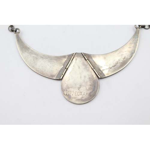 203 - A Silver Gemstone Inlay Collar Necklace By Dennis Nancy Edaakie, Zuni (37g)