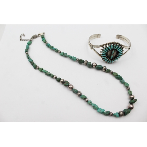 204 - A Silver Turquoise Bead Necklace And A Similar Bracelet (60g)