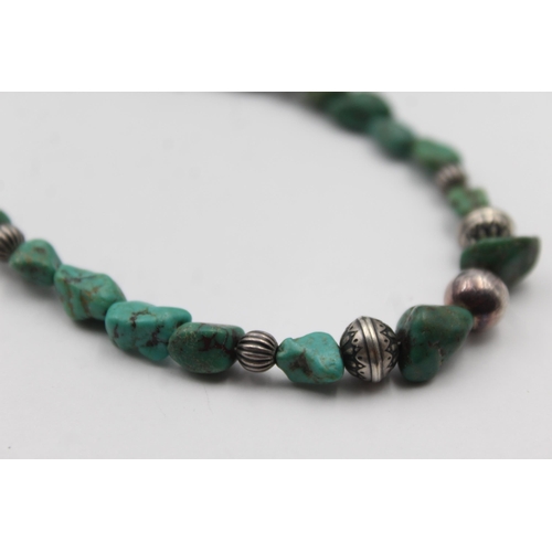 204 - A Silver Turquoise Bead Necklace And A Similar Bracelet (60g)