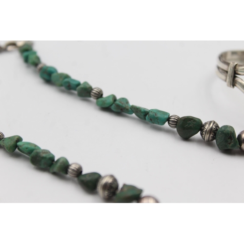 204 - A Silver Turquoise Bead Necklace And A Similar Bracelet (60g)