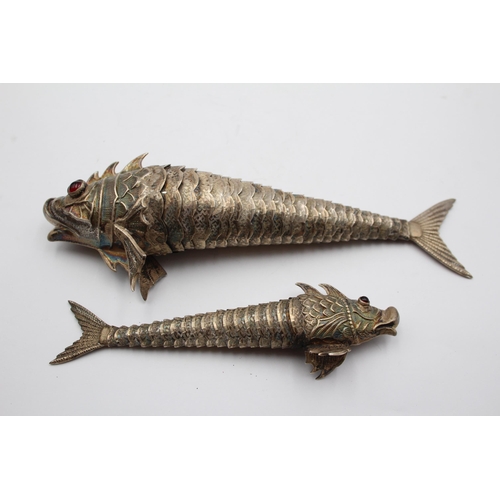 224 - 2 x Antique / Vintage .950 SILVER Articulated Fish Novelty Ornaments (123g)