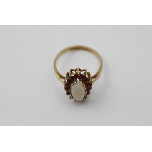 24 - 9ct Gold Opal And Garnet Halo Cluster Dress Ring (2.2g) size M