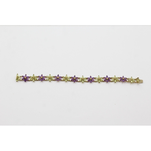 25 - 9ct Gold Amethyst And Peridot Floral Links Fancy Chain Bracelet (10.4g)