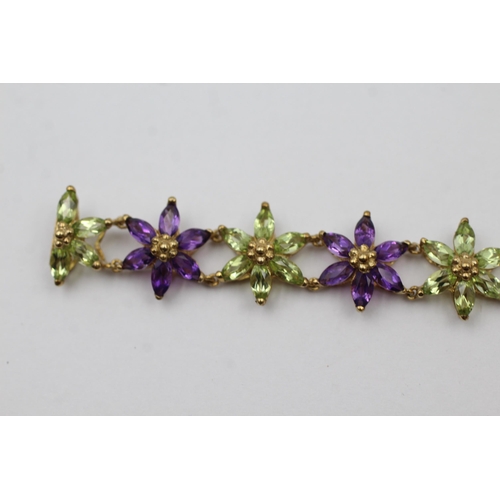 25 - 9ct Gold Amethyst And Peridot Floral Links Fancy Chain Bracelet (10.4g)