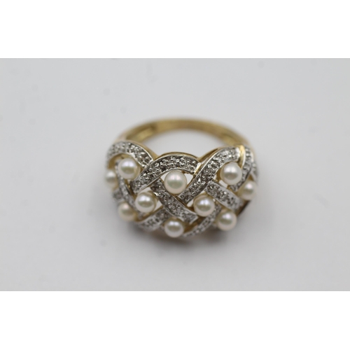 26 - 9ct White And Yellow Gold Diamond And Pearl Plait Cluster Cocktail Ring (5.4g) size P