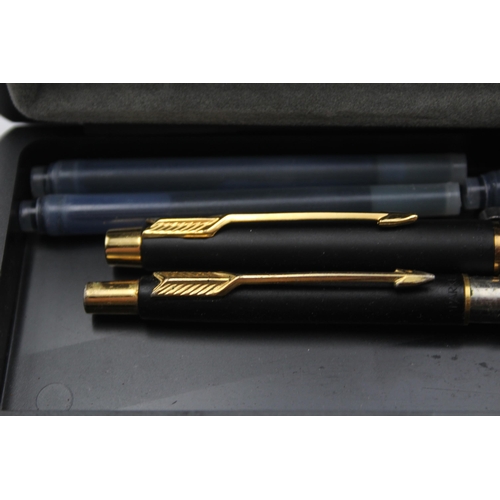 291 - Vintage PARKER 180 Matte Black FOUNTAIN PEN w/ Gold Plate Nib WRITING