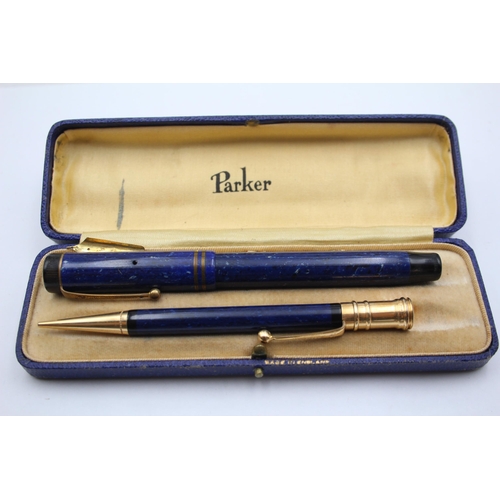 292 - Vintage PARKER Duofold Blue FOUNTAIN PEN w/ 14ct Gold Nib, Pencil, Original Box