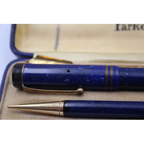 292 - Vintage PARKER Duofold Blue FOUNTAIN PEN w/ 14ct Gold Nib, Pencil, Original Box