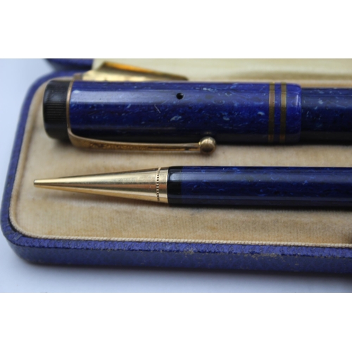 292 - Vintage PARKER Duofold Blue FOUNTAIN PEN w/ 14ct Gold Nib, Pencil, Original Box