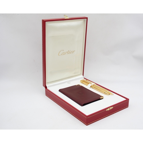 300 - MUST DE CARTIER Gold Plated Ballpoint Pen & Pencil Set w/ Leather Card Wallet