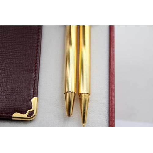 300 - MUST DE CARTIER Gold Plated Ballpoint Pen & Pencil Set w/ Leather Card Wallet