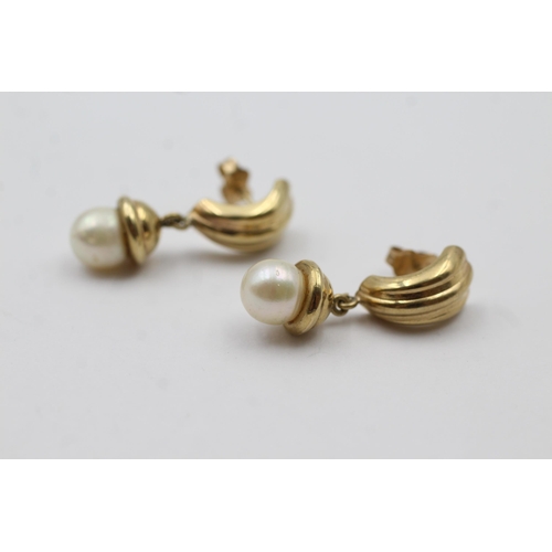42 - 9ct Gold Pearl And Curb Drop Two Part Drop Stud Earrings (3g)