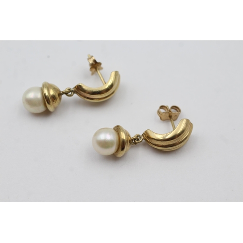 42 - 9ct Gold Pearl And Curb Drop Two Part Drop Stud Earrings (3g)