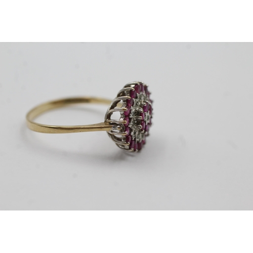 45 - 9ct White And Yellow Gold Diamond And Ruby Round Multihalo Cluster Statement Ring (3.1g) size U