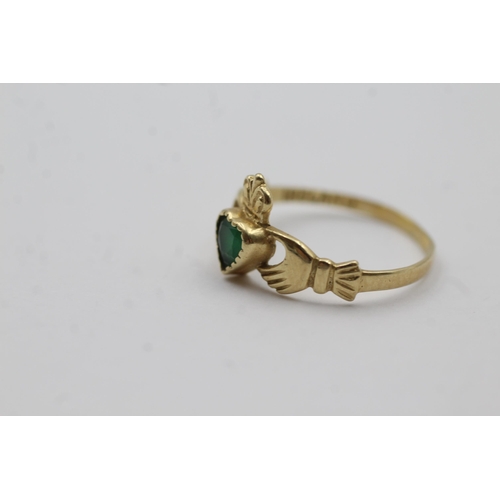 53 - 14ct Gold Emerald Heart Claddagh Statement Ring (1.7g) size O