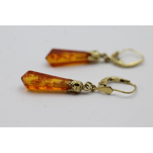 54 - 14ct Gold Amber Dewdrop Leverback Drop Earrings (1.9g)