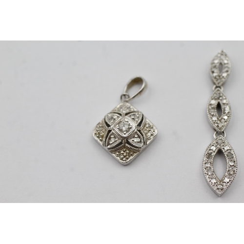 57 - 3x 9ct White Gold Diamond Paved Drop Pendants Inc. Heart/Art Deco/Marquise Trilogy (4.1g)