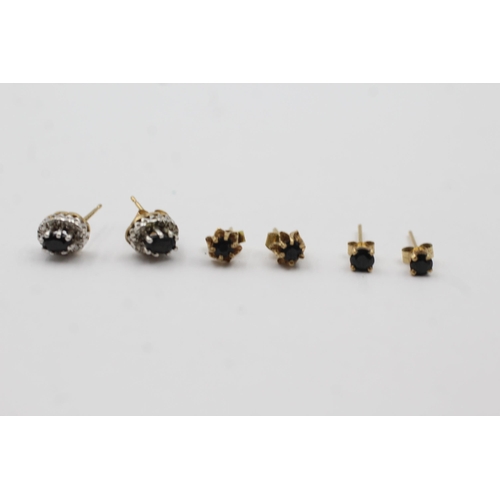 60 - 3x 9ct Gold Sapphire Paired Stud Earrings Inc Diamond (3g)
