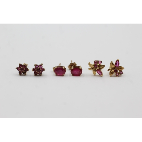 62 - 3x 9ct Gold Ruby Paired Stud Earrings (2.2g)