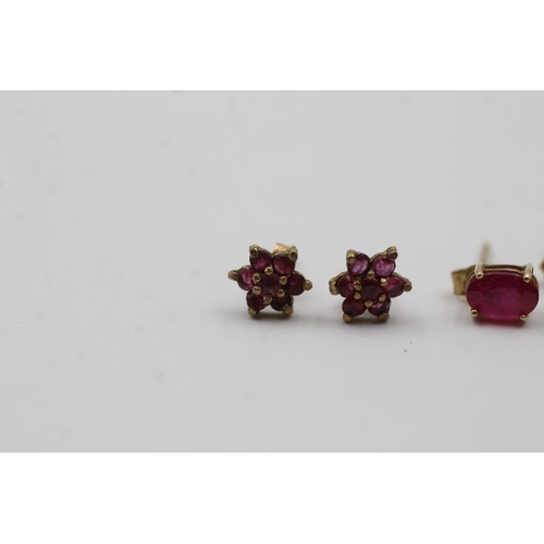 62 - 3x 9ct Gold Ruby Paired Stud Earrings (2.2g)