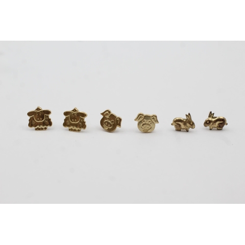 64 - 3x 9ct Gold Animal Fine Paired Stud Earrings Inc. Rabbit/Sheep/Piggie (0.8g)