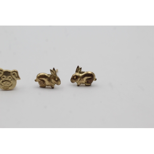 64 - 3x 9ct Gold Animal Fine Paired Stud Earrings Inc. Rabbit/Sheep/Piggie (0.8g)