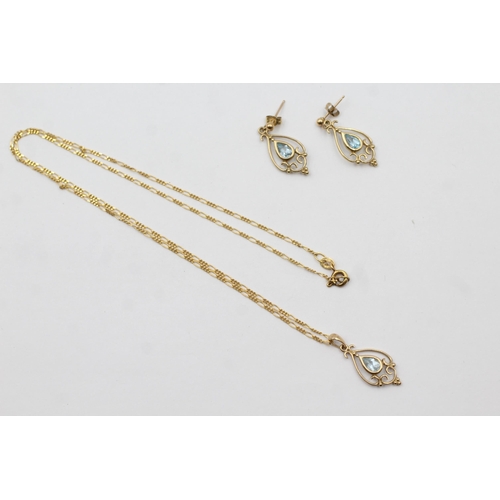 66 - 9ct Gold Topaz Ornate Filigree Pendant Necklace & Paired Drop Stud Earrings Set (3.7g)