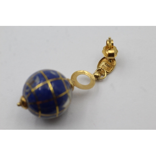 67 - 9ct Gold Lapis Lazuli Globe Pendant Necklace & Paired Drop Stud Earrings Set (14.7g)