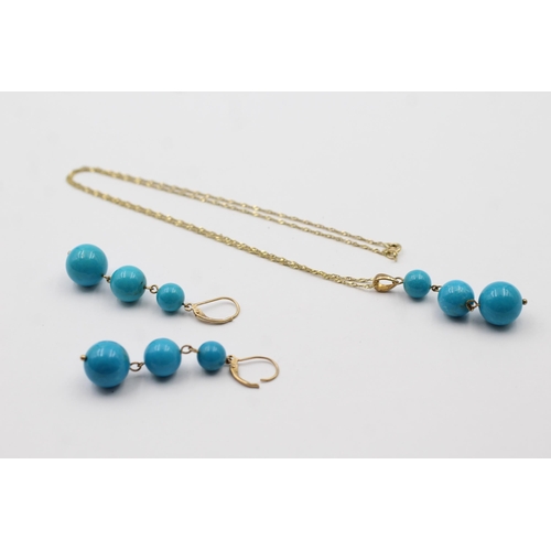 68 - 9ct Gold Turquoise Beaded Drop Pendant Necklace & Paired Leverback Earrings Set (15.3g)