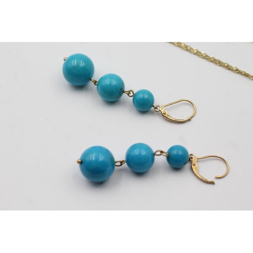 68 - 9ct Gold Turquoise Beaded Drop Pendant Necklace & Paired Leverback Earrings Set (15.3g)