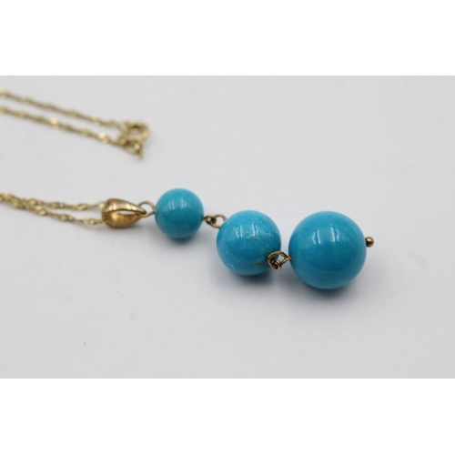 68 - 9ct Gold Turquoise Beaded Drop Pendant Necklace & Paired Leverback Earrings Set (15.3g)