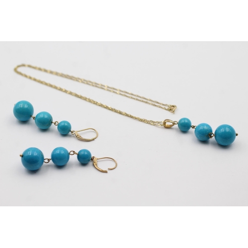 68 - 9ct Gold Turquoise Beaded Drop Pendant Necklace & Paired Leverback Earrings Set (15.3g)