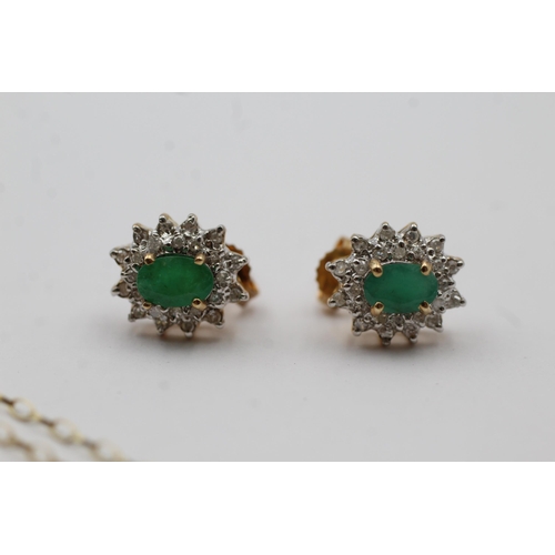 69 - 9ct Yellow And White Gold Diamond And Emerald Oval Halo Cluster Pendant Necklace & Paired Stud Earri... 