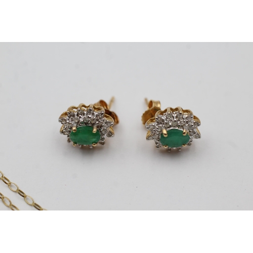 69 - 9ct Yellow And White Gold Diamond And Emerald Oval Halo Cluster Pendant Necklace & Paired Stud Earri... 