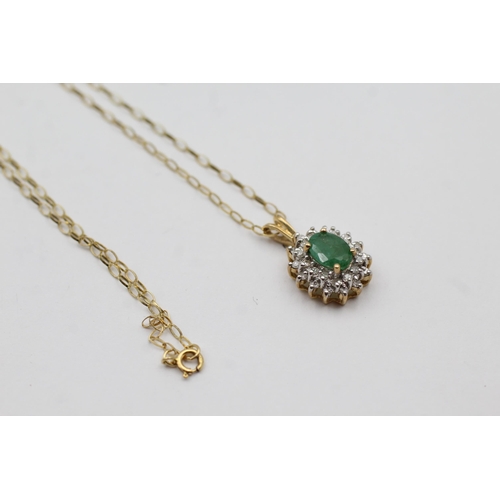 69 - 9ct Yellow And White Gold Diamond And Emerald Oval Halo Cluster Pendant Necklace & Paired Stud Earri... 