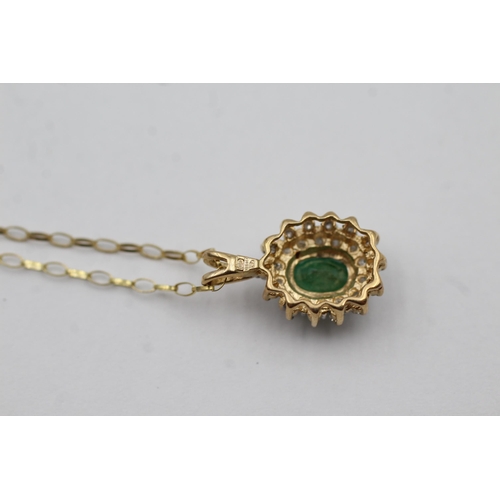 69 - 9ct Yellow And White Gold Diamond And Emerald Oval Halo Cluster Pendant Necklace & Paired Stud Earri... 