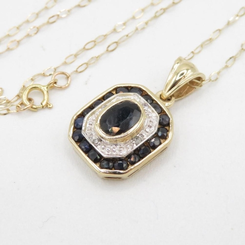 143 - 9ct White And Yellow Gold Diamond And Sapphire Bicolour Halo Cluster Pendant Necklace (2.5g)