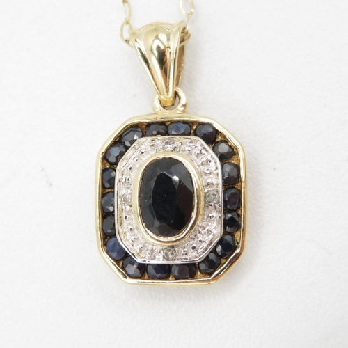 143 - 9ct White And Yellow Gold Diamond And Sapphire Bicolour Halo Cluster Pendant Necklace (2.5g)