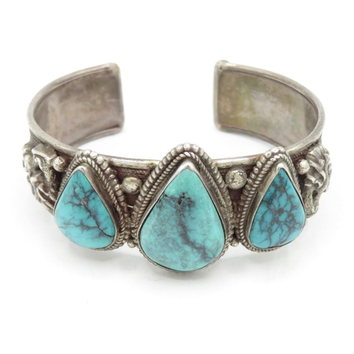 159 - A Silver Chinese Export Turquoise Set Bangle With A Dragon Design (70g)