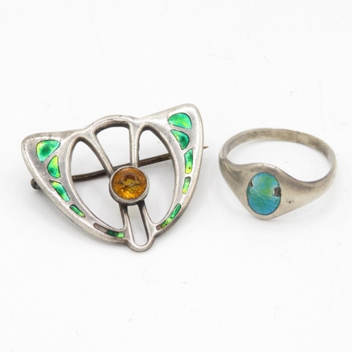 174 - A Silver Arts And Crafts Enamel Brooch And Ring By Charles Horner (7g)