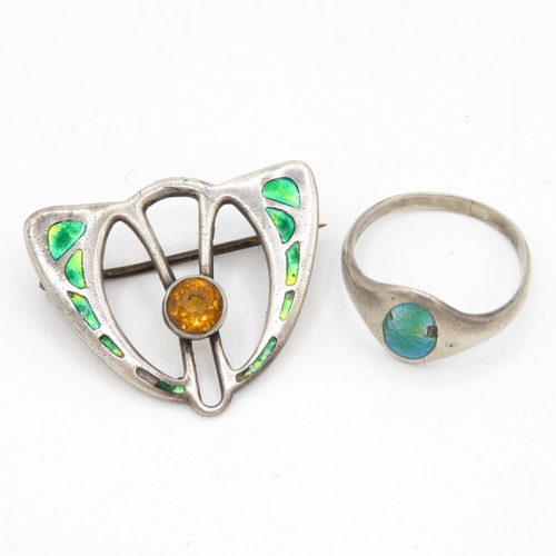 174 - A Silver Arts And Crafts Enamel Brooch And Ring By Charles Horner (7g)