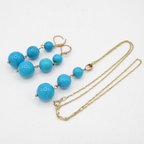 68 - 9ct Gold Turquoise Beaded Drop Pendant Necklace & Paired Leverback Earrings Set (15.3g)