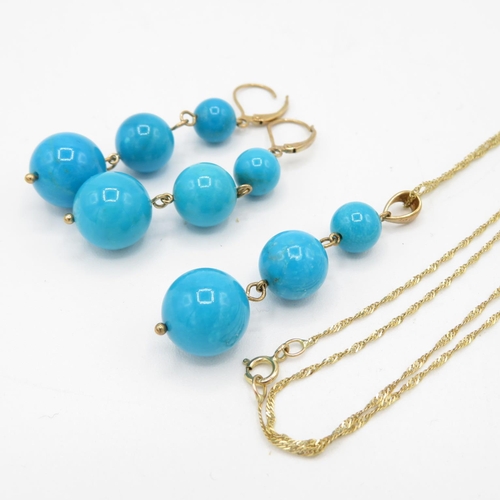 68 - 9ct Gold Turquoise Beaded Drop Pendant Necklace & Paired Leverback Earrings Set (15.3g)