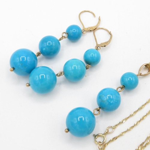 68 - 9ct Gold Turquoise Beaded Drop Pendant Necklace & Paired Leverback Earrings Set (15.3g)