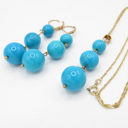 68 - 9ct Gold Turquoise Beaded Drop Pendant Necklace & Paired Leverback Earrings Set (15.3g)