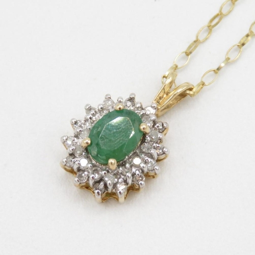 69 - 9ct Yellow And White Gold Diamond And Emerald Oval Halo Cluster Pendant Necklace & Paired Stud Earri... 