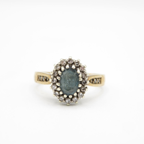 130 - 9ct Gold and Aqua Diamond ring size O  3.7g