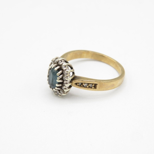 130 - 9ct Gold and Aqua Diamond ring size O  3.7g