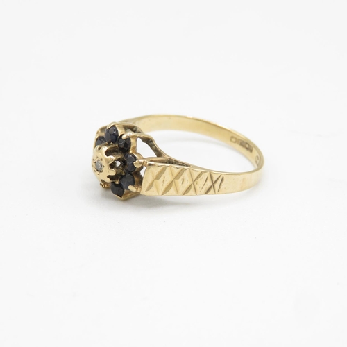 132 - 9ct gold, diamond and sapphire ring size P  2.2g